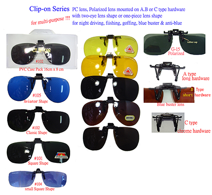 Clip on sunglasses with PC lens(Sunlens, Blue-buster, Driving, Night Driving) Or TAC Polarized Lens (Grey, G-15, Brown & Yellow)